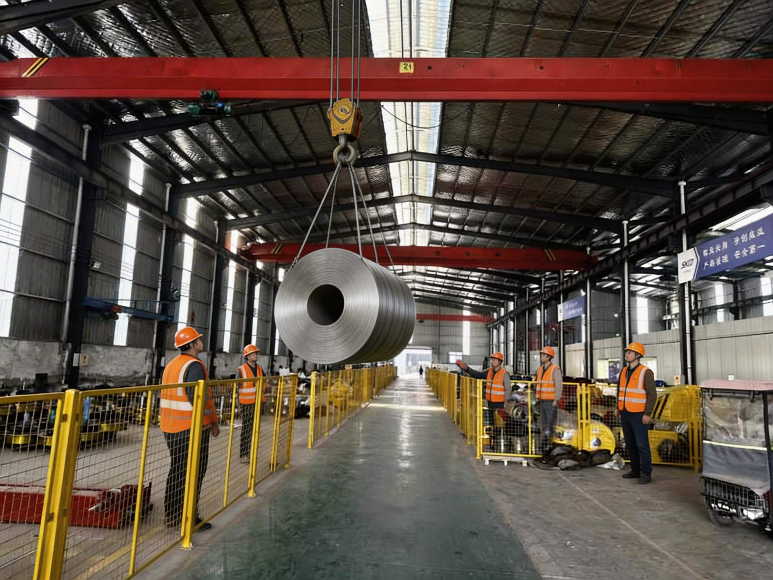 Industrial overhead crane for heavy duty goods lifting in factory workshop